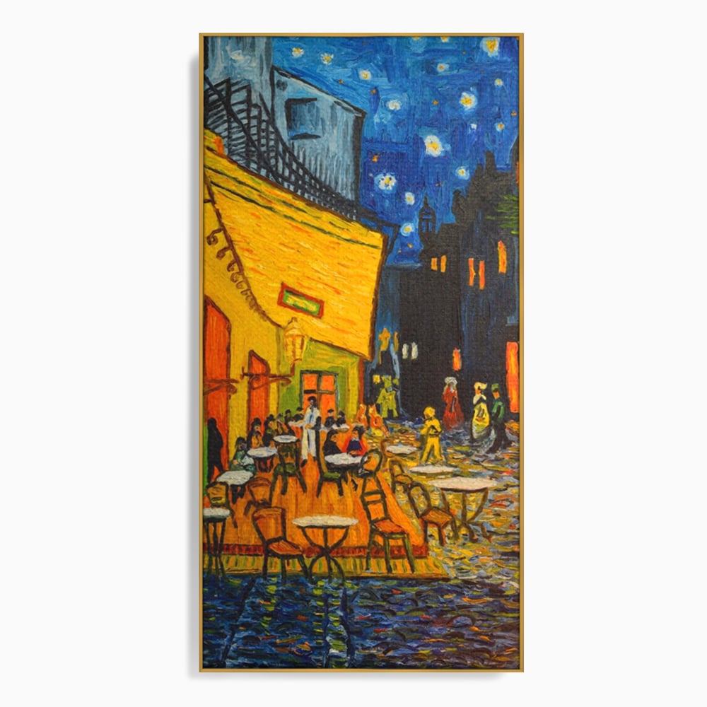 Tablou canvas cu tablou canvas cu terasa unei cafenele noaptea, in rama de aluminiu auriu